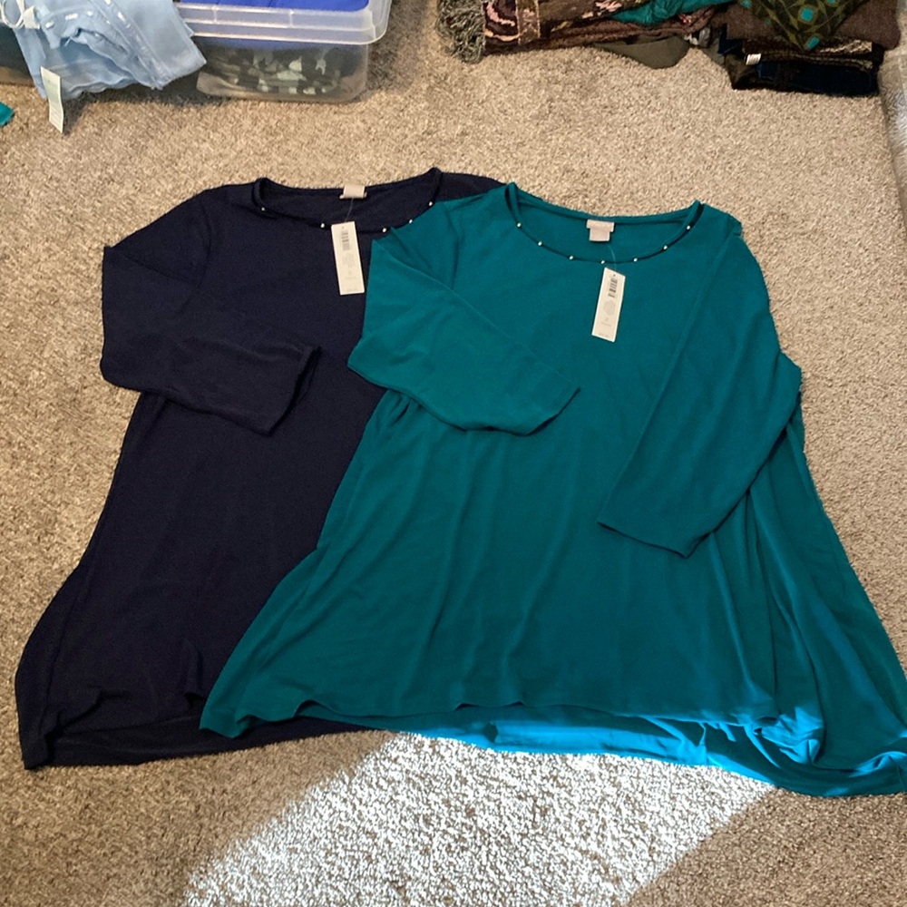 New Chico's Blue and Green Asymmetrical Tunics